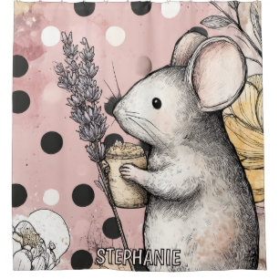 Whimsical Mouse Floral Watercolor Art Shower Curtain