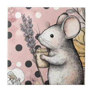 Whimsical Mouse Floral Watercolor Art Tile