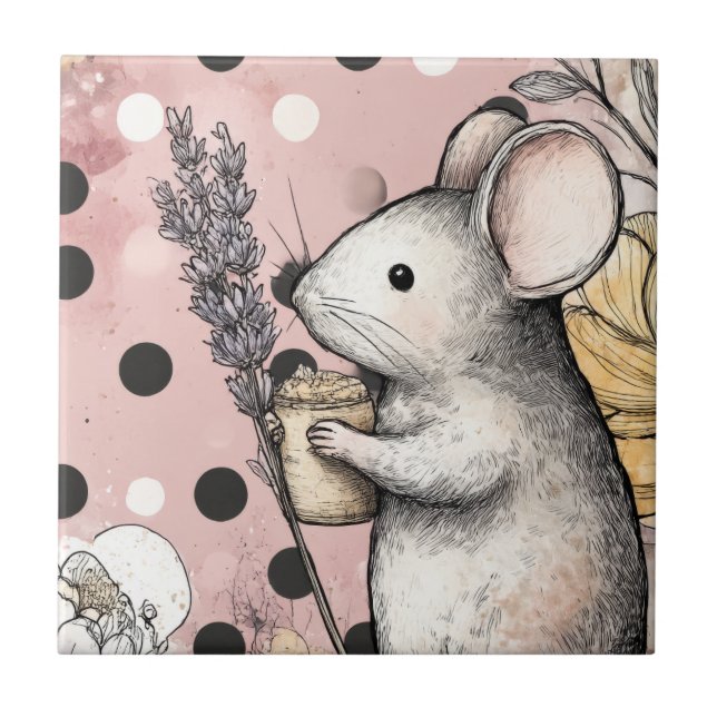 Whimsical Mouse Floral Watercolor Art Tile (Front)