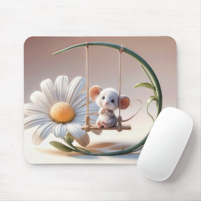 Whimsical Mouse On a Daisy Swing Mouse Mat (With Mouse)