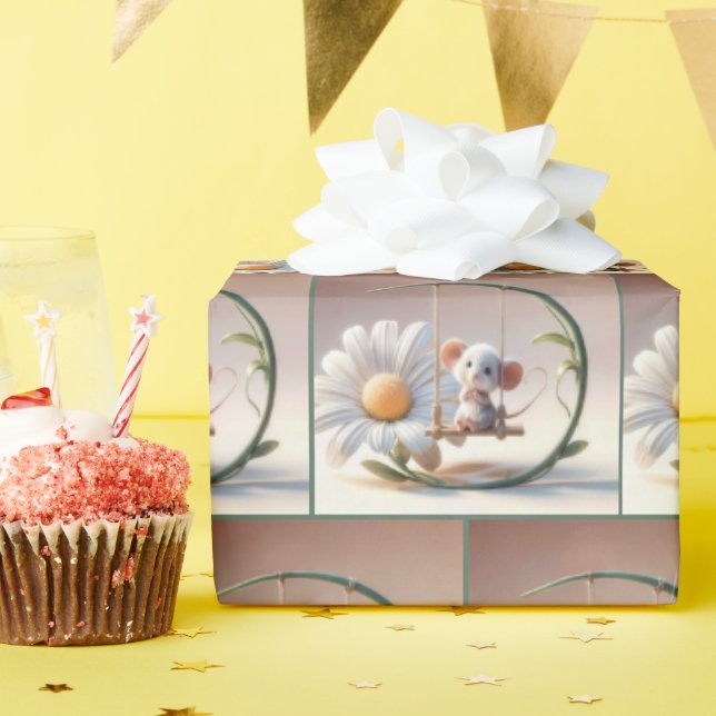 Whimsical Mouse On a Daisy Swing Wrapping Paper (Birthday Party)