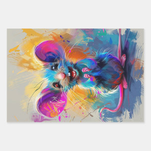 Whimsical Mouse, Vintage Birds, Aussie Drip Paint Wrapping Paper Sheet