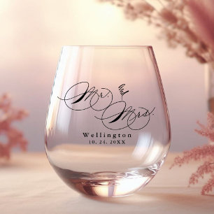 Whimsical Mr & Mrs Calligraphy Wedding  Stemless Wine Glass
