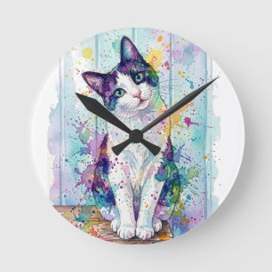 Whimsical Multi-Color Watercolor Tuxedo Kitten Pos Round Clock