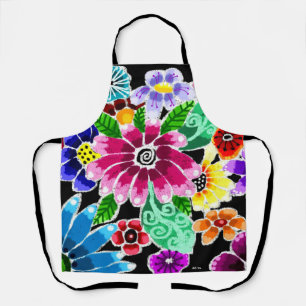 Whimsical Multi-Colour Folk-Art Flowers Floral Pin Apron