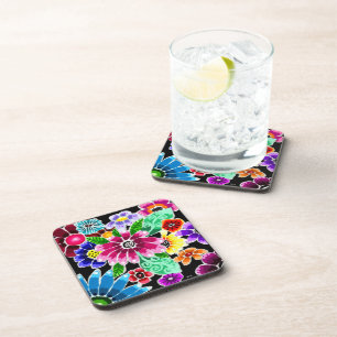Whimsical Multi-Colour Folk-Art Flowers Floral Pin Coaster