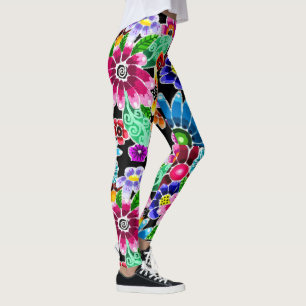 Whimsical Multi-Colour Folk-Art Flowers Floral Pin Leggings