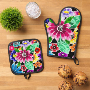 Whimsical Multi-Colour Folk-Art Flowers Floral Pin Oven Mitt & Pot Holder Set