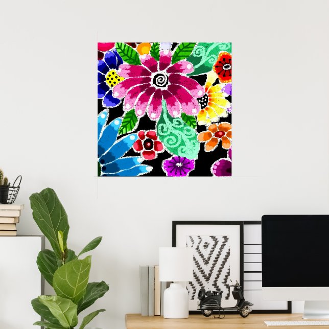 Whimsical Multi-Colour Folk-Art Flowers Floral Pin Poster (Home Office)