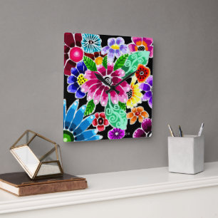 Whimsical Multi-Colour Folk-Art Flowers Floral Pin Square Wall Clock