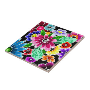 Whimsical Multi-Colour Folk-Art Flowers Floral Pin Tile