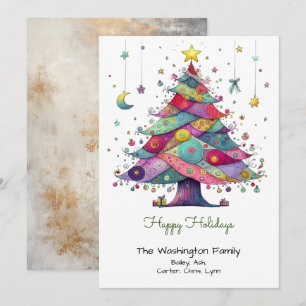 Whimsical Multicolor Christmas Tree Green Happy Holiday Card