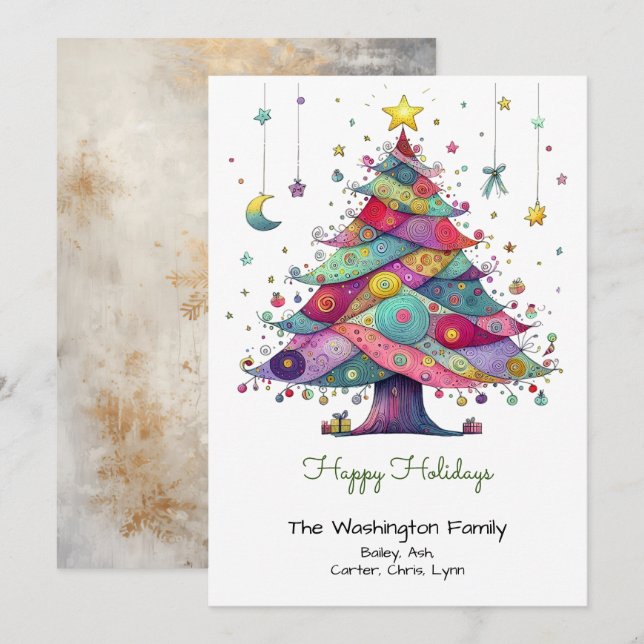 Whimsical Multicolor Christmas Tree Happy  Holiday Card (Front/Back)