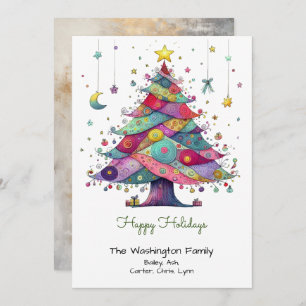 Whimsical Multicolor Christmas Tree Happy Holiday Card