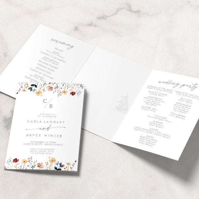 Whimsical Multicolor Wildflower Monogram Wedding Tri-Fold Programme (Creator Uploaded)