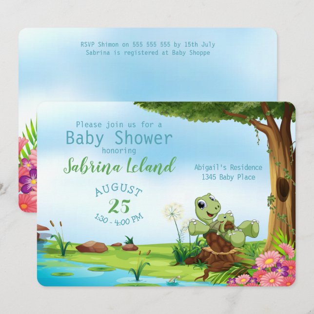 Whimsical Mum and Baby Turtle Animal Baby Shower Invitation (Front/Back)