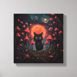 Whimsical Mushroom Cat Stretched Canvas Print