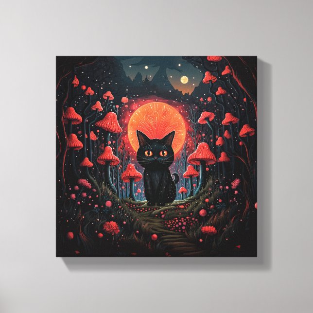 Whimsical Mushroom Cat Stretched Canvas Print (Front)
