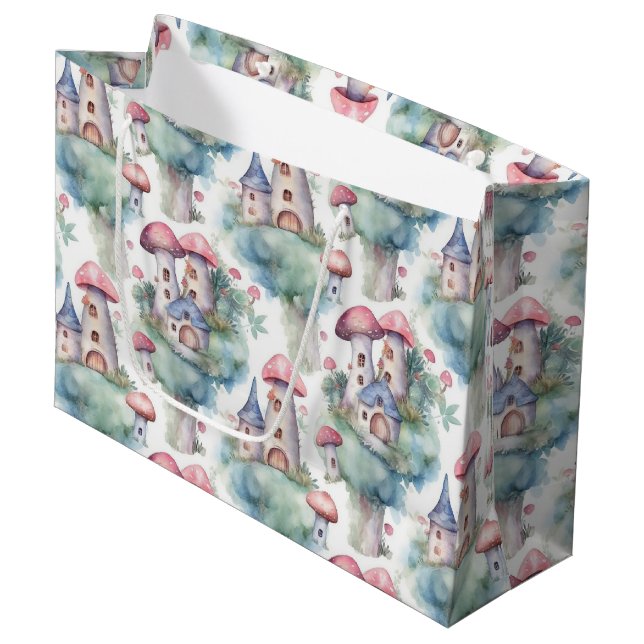 Whimsical Mushroom Cottage Pattern (10) Large Gift Bag (Front Angled)
