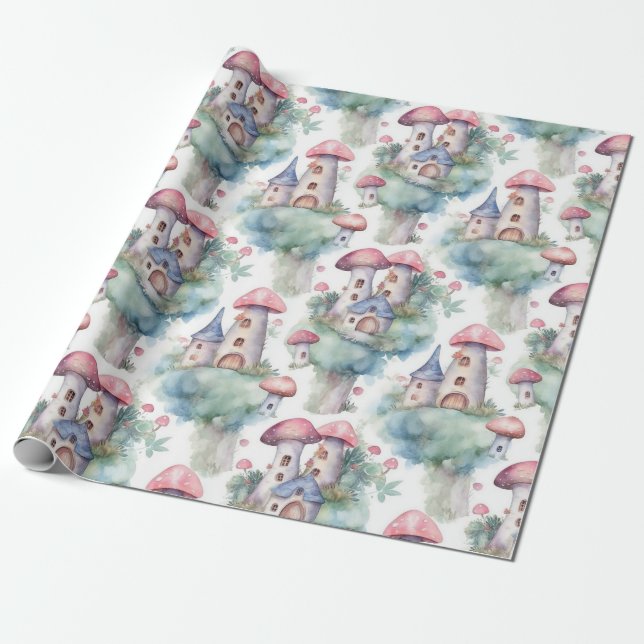 Whimsical Mushroom Cottage Pattern (10) Wrapping Paper (Unrolled)