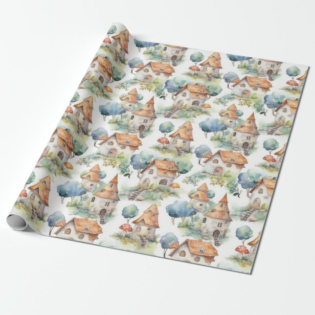Whimsical Mushroom Cottage Pattern (11) Wrapping Paper (Unrolled)