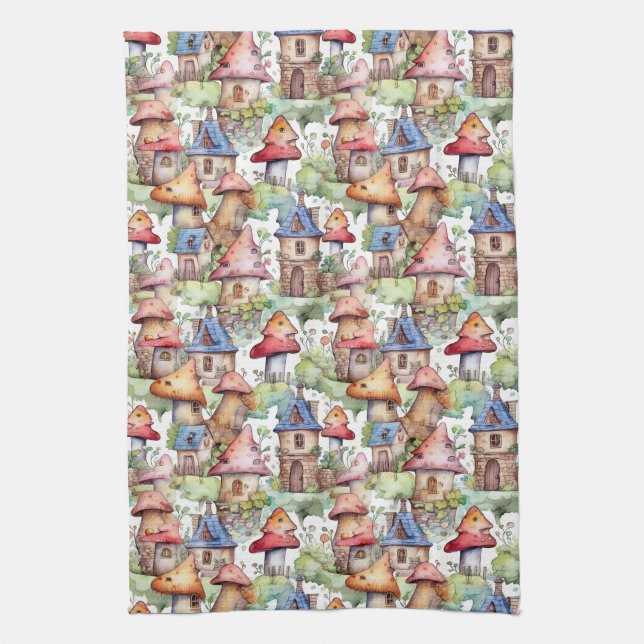 Whimsical Mushroom Cottage Pattern (1) Tea Towel (Vertical)