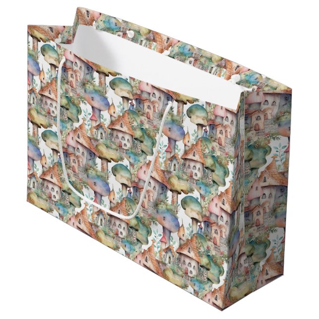 Whimsical Mushroom Cottage Pattern (3) Large Gift Bag (Front Angled)