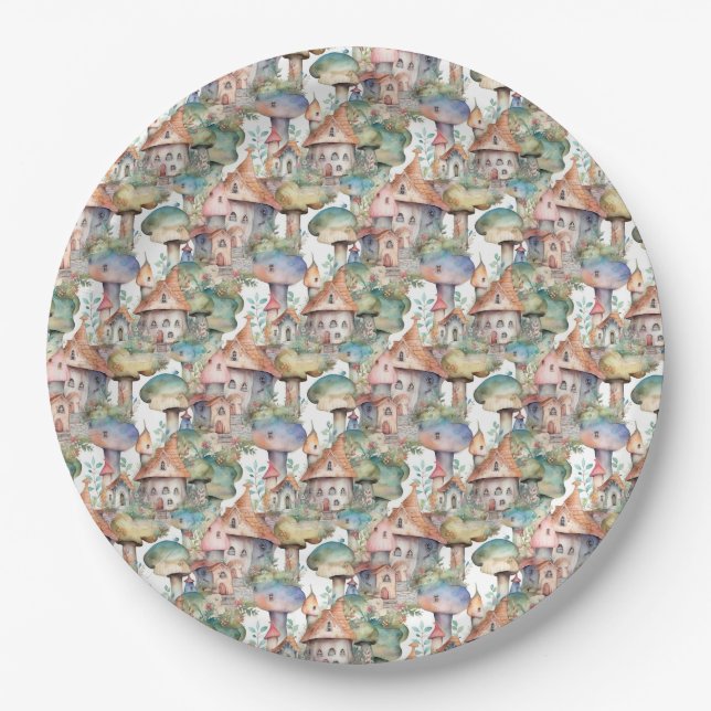 Whimsical Mushroom Cottage Pattern (3) Paper Plate (Front)