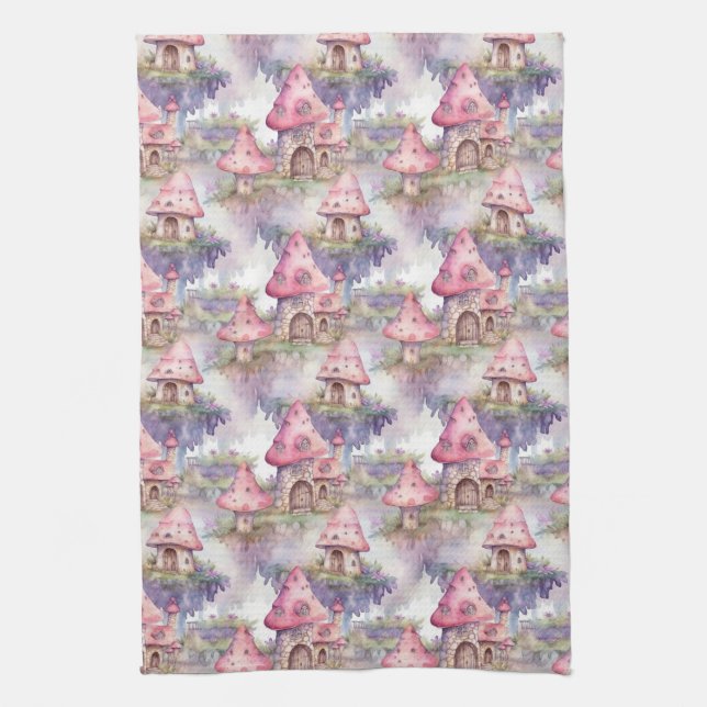 Whimsical Mushroom Cottage Pattern (4) Tea Towel (Vertical)