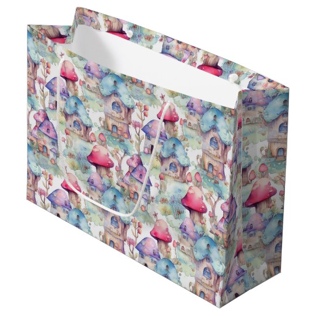 Whimsical Mushroom Cottage Pattern (6) Large Gift Bag (Front Angled)