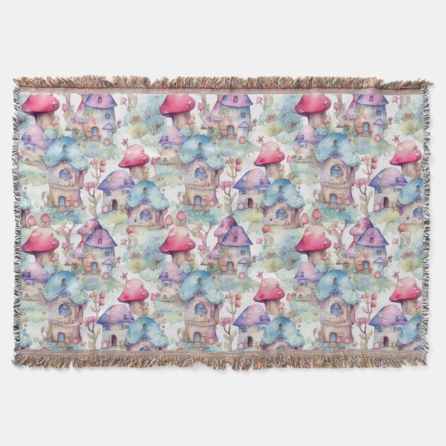 Whimsical Mushroom Cottage Pattern (6) Throw Blanket (Front)