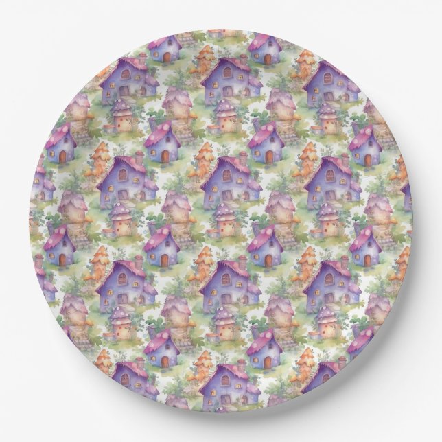 Whimsical Mushroom Cottage Pattern (7) Paper Plate (Front)