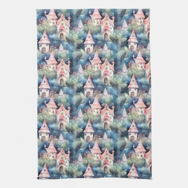 Whimsical Mushroom Cottage Pattern (8) Tea Towel (Vertical)