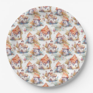 Whimsical Mushroom Cottage Pattern (9) Paper Plate
