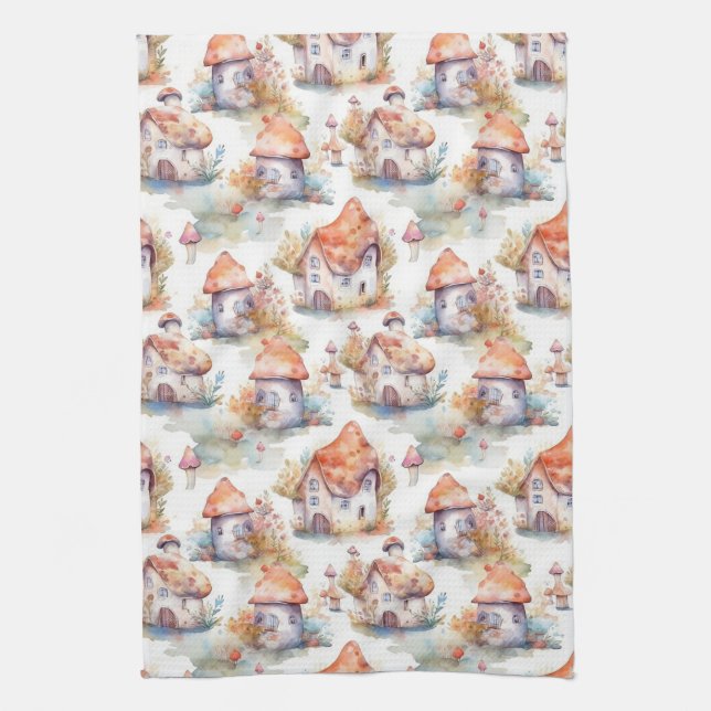 Whimsical Mushroom Cottage Pattern (9) Tea Towel (Vertical)