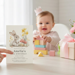Whimsical Mushroom Garden Bunny First Birthday Invitation