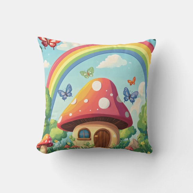 Whimsical Mushroom houses and rainbow 8 Cushion (Front)