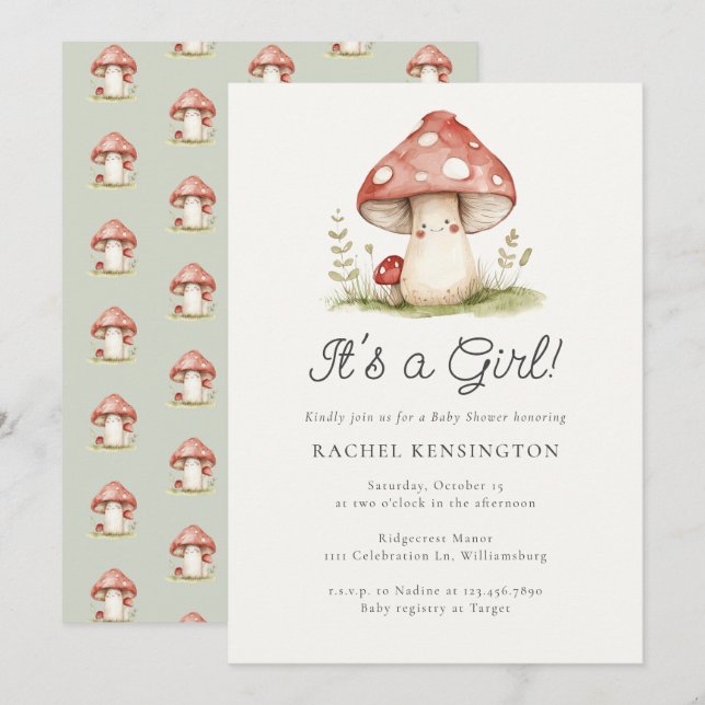 Whimsical Mushroom It's a Girl Baby Shower Invitation (Front/Back)