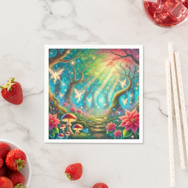Whimsical Mushroom & Poinsettia Forest Decoupage Napkin (Insitu)