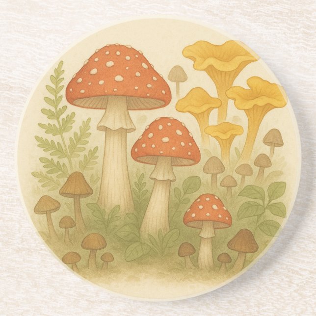 Whimsical Mushroom Sandstone Coaster – Cottagecore (Front)