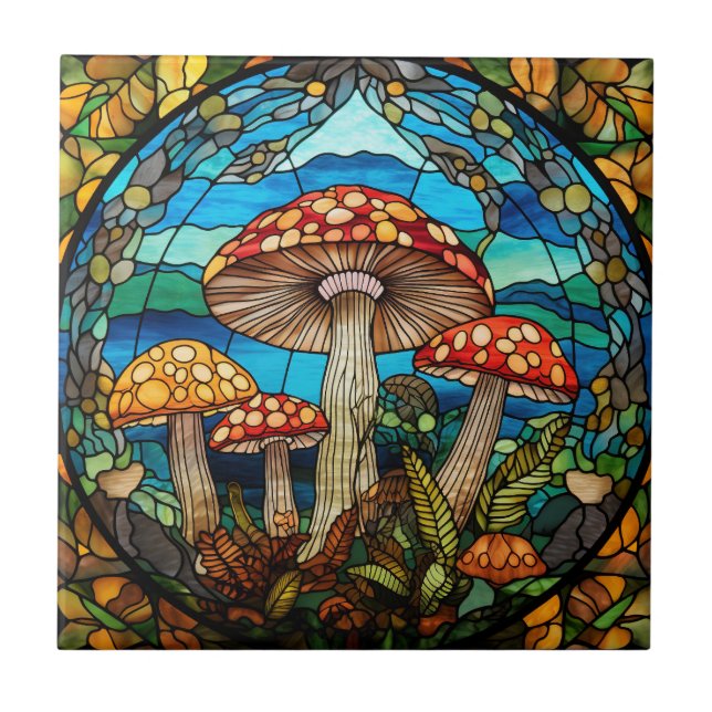 Whimsical Mushroom Stained Glass Tile (Front)