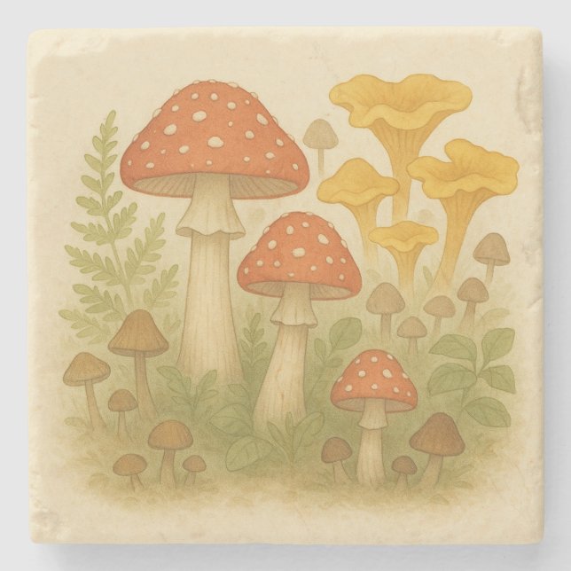 Whimsical Mushroom Stone Coaster – Cottagecore (Front)