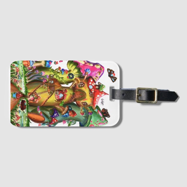 Whimsical Mushroom Village Fantasy Artwork Luggage Tag (Front Horizontal)