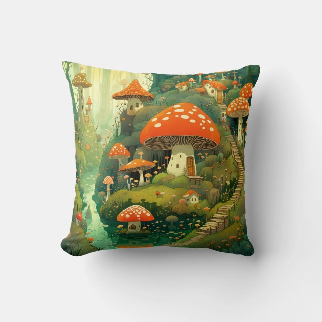 Whimsical Mushroom Village Square Cushion (Front)