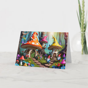 Whimsical Mushroom Village with Gnomes in Enchante Card