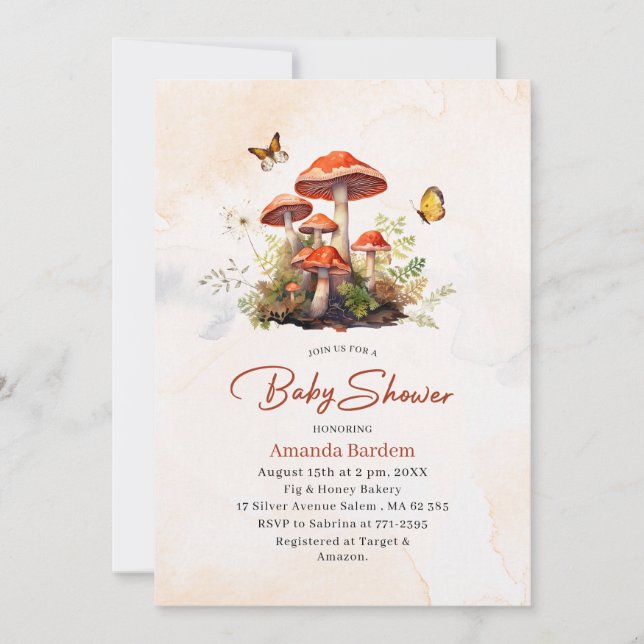Whimsical Mushroom Watercolor  Baby shower Invitation (Front)