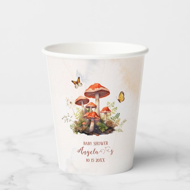 Whimsical Mushroom Watercolor baby shower Paper Cups (Back)