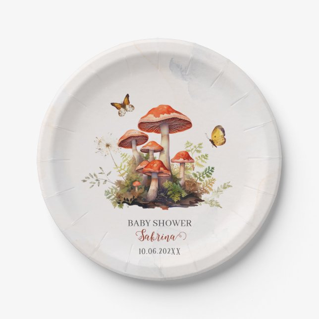 Whimsical Mushroom Watercolor  baby shower Paper Plate (Front)