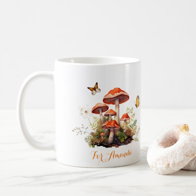 Whimsical Mushroom  Watercolor  Personalised Name Coffee Mug (With Donut)