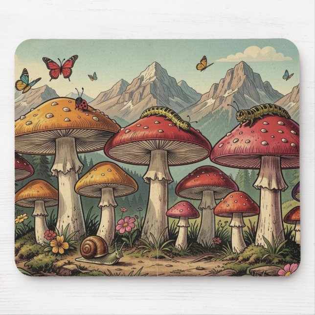 Whimsical Mushrooms and Mountain Tops Mouse Mat (Front)
